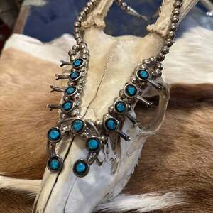 Vintage Navajo Sterling Silver Turquoise Squash Blossom Necklace with Naja Penda